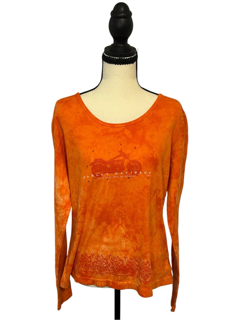 Harley Davidson 100 Years Orange Tie-Dye Long Sleeve Graphic Tee Sz L Y2K